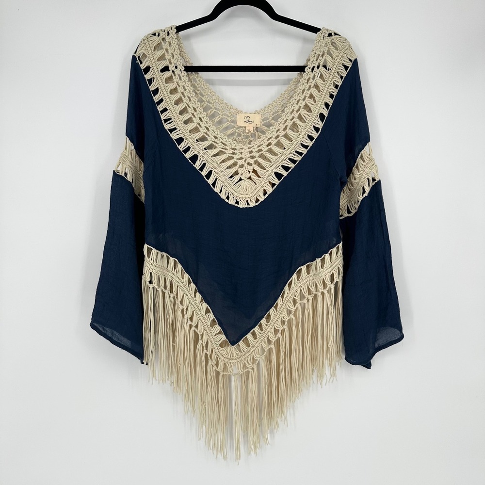 NEW Love Blue Fringe Bell Sleeve Crotchet Top Boho Bohemian Festival Summer L